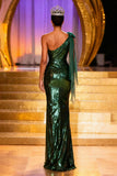 Sparkly Dark Green Sequin One Shoulder Long Pageant Dress with Slit