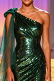Sparkly Dark Green Sequin One Shoulder Long Pageant Dress with Slit