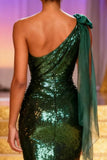 Sparkly Dark Green Sequin One Shoulder Long Pageant Dress with Slit