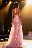 Sparkly Light Pink Mermaid Halter Sequin Long Pageant Dress with Sash