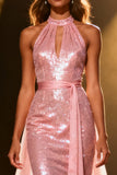 Sparkly Light Pink Mermaid Halter Sequin Long Pageant Dress with Sash