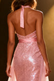 Sparkly Light Pink Mermaid Halter Sequin Long Pageant Dress with Sash