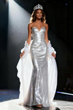 Sparkly Silver Mermaid Sweetheart Sequin Long Pageant Dress with Shawl