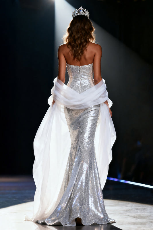 Sparkly Silver Mermaid Sweetheart Sequin Long Pageant Dress with Shawl