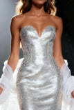 Sparkly Silver Mermaid Sweetheart Sequin Long Pageant Dress with Shawl