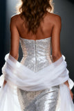 Sparkly Silver Mermaid Sweetheart Sequin Long Pageant Dress with Shawl