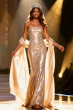 Sparkly Champagne Strapless Sequin Mermaid Long Pageant Dress with Shawl