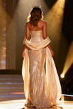 Sparkly Champagne Strapless Sequin Mermaid Long Pageant Dress with Shawl