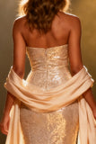 Sparkly Champagne Strapless Sequin Mermaid Long Pageant Dress with Shawl