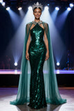 Sparkly Dark Green Sequin Mermaid Halter Long Pageant Dress with Cape