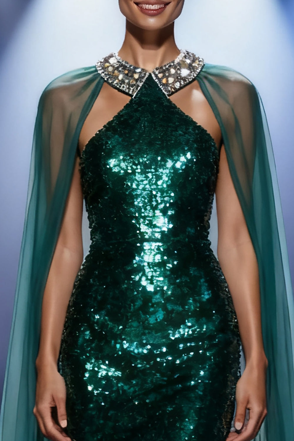 Sparkly Dark Green Sequin Mermaid Halter Long Pageant Dress with Cape