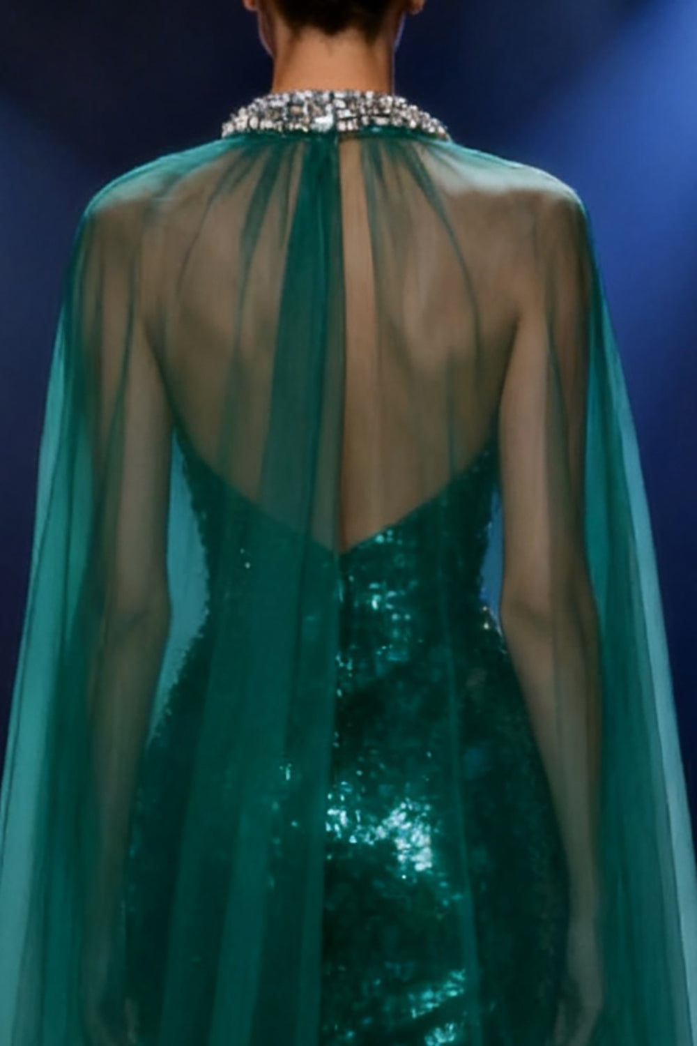 Sparkly Dark Green Sequin Mermaid Halter Long Pageant Dress with Cape