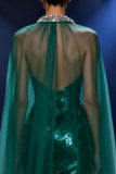Sparkly Dark Green Sequin Mermaid Halter Long Pageant Dress with Cape