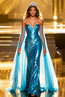 Sparkly Lake Blue Sweetheart Mermaid Sequin Long Pageant Dress with Cape