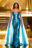 Sparkly Lake Blue Sweetheart Mermaid Sequin Long Pageant Dress with Cape