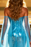 Sparkly Lake Blue Sweetheart Mermaid Sequin Long Pageant Dress with Cape