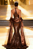 Sparkly Coffee Sequin Halter Mermaid Long Pageant Dress with Shawl