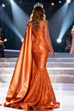 Sparkly Orange Mermaid One Shoulder Long Pageant Dress with Cape