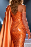 Sparkly Orange Mermaid One Shoulder Long Pageant Dress with Cape