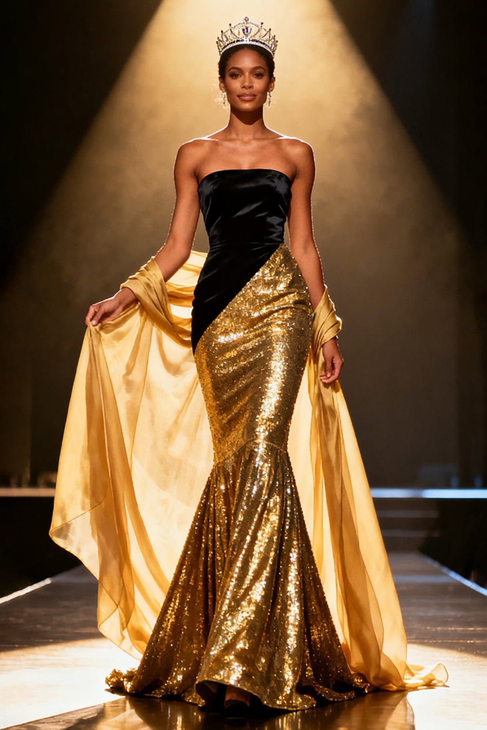 Zapaka Women Sparkly Black and Gold Mermaid Long Pageant Dress with Shawl Patchwork Sequin Strapless Gala Dress, Golden / US26W