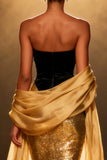Sparkly Gold Mermaid Strapless Long Pageant Dress with Shawl