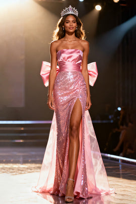 Sparkly Light Pink Sequin Mermaid Long Pageant Dress with Bow