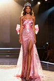 Sparkly Light Pink Sequin Mermaid Long Pageant Dress with Bow