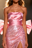 Sparkly Light Pink Sequin Mermaid Long Pageant Dress with Bow