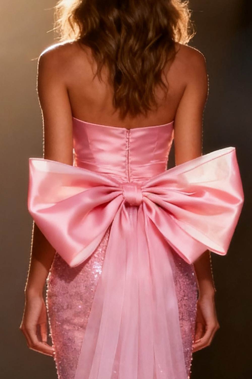 Sparkly Light Pink Sequin Mermaid Long Pageant Dress with Bow