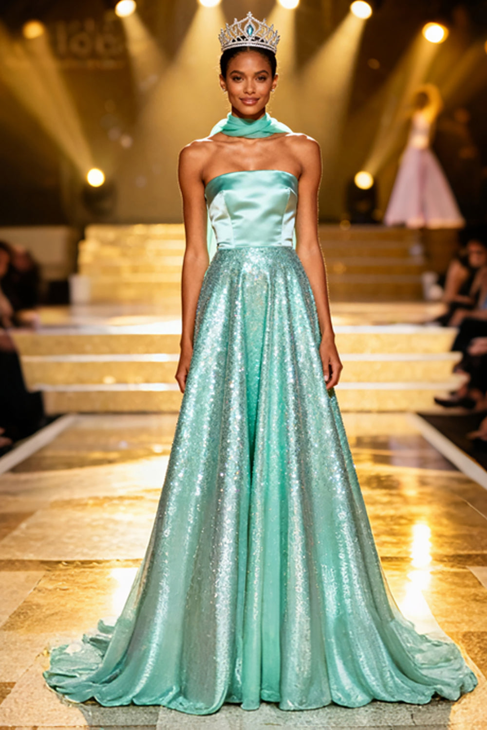 Sparkly Mint Green A Line Strapless Sequin Long Pageant Dress