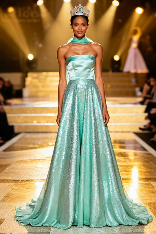 Sparkly Mint Green A Line Strapless Sequin Long Pageant Dress