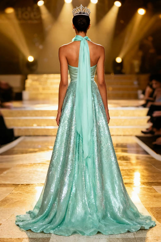 Sparkly Mint Green A Line Strapless Sequin Long Pageant Dress