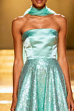 Sparkly Mint Green A Line Strapless Sequin Long Pageant Dress