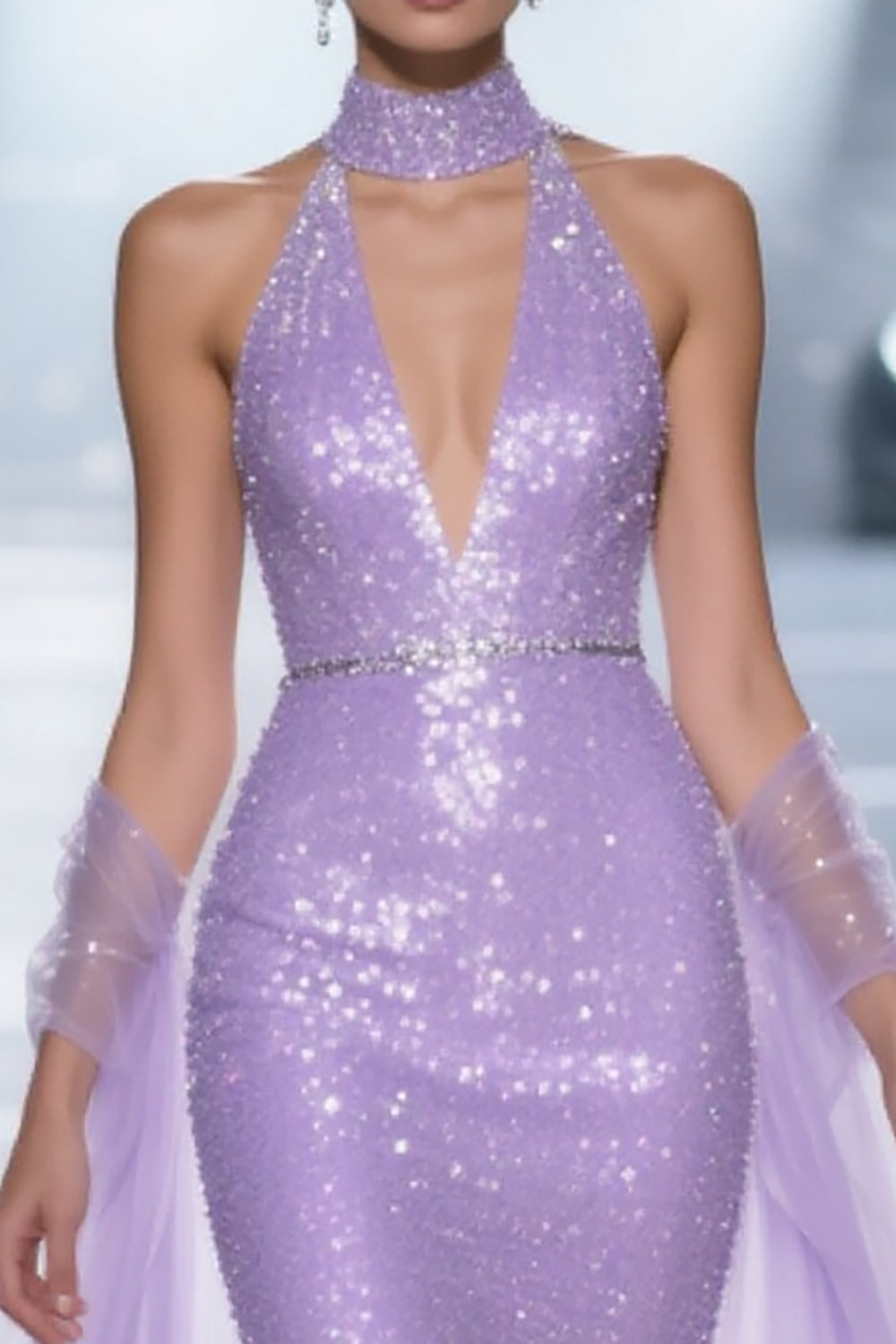 Sparkly Light Purple Sequins V-Neck Mermaid Long Pageant Dress