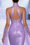 Sparkly Light Purple Sequins V-Neck Mermaid Long Pageant Dress
