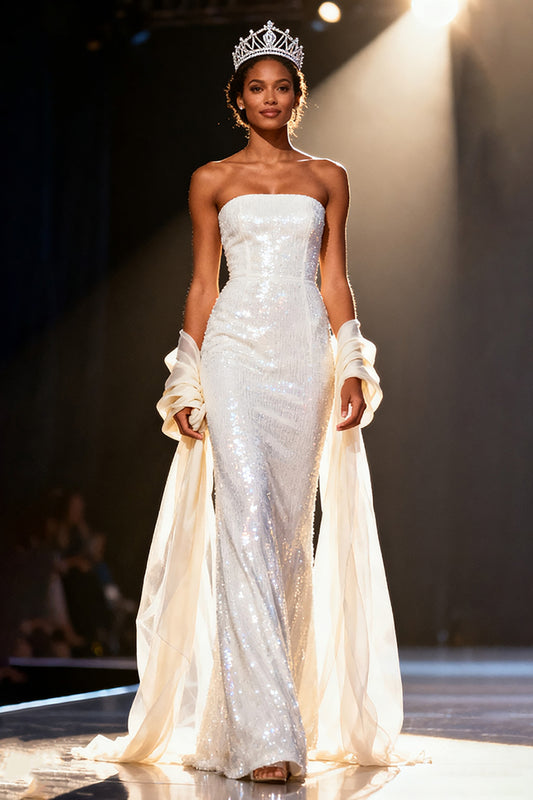 Sparkly White Sequins Mermaid Strapless Long Pageant Dress