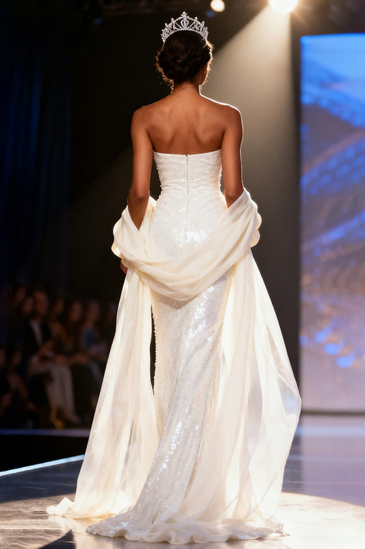 Sparkly White Sequins Mermaid Strapless Long Pageant Dress