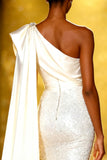Sparkly White Mermaid Sequins One Shoulder Long Pageant Dress with Side Cape