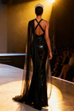 Sparkly Black Sequins Neck Scarf V-Neck Long Pageant Dress