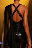 Sparkly Black Sequins Neck Scarf V-Neck Long Pageant Dress