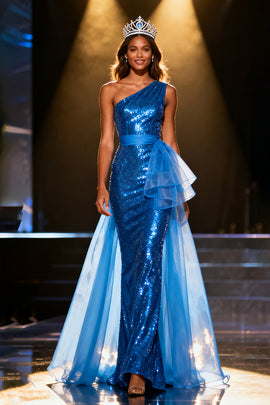 Sparkly Royal Blue Sequins Mermaid One Shoulder Long Pageant Dress with Sash