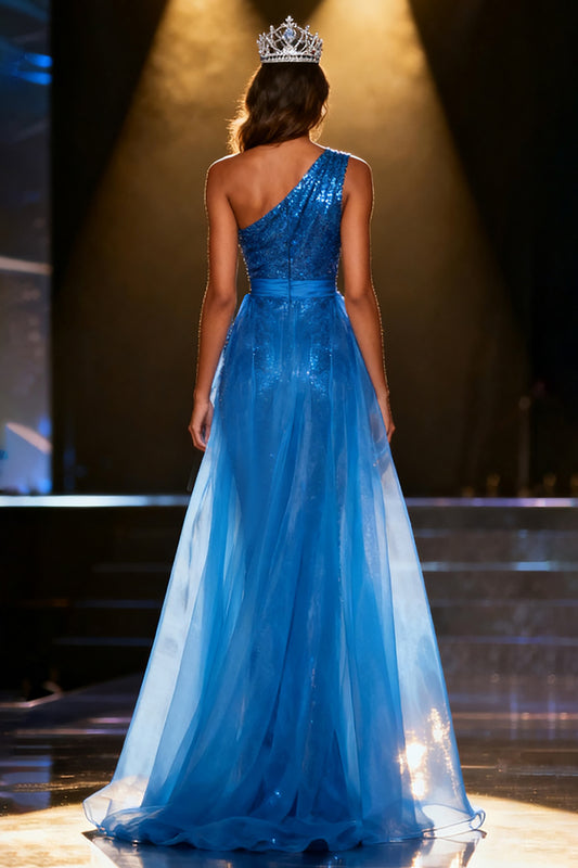 Sparkly Royal Blue Sequins Mermaid One Shoulder Long Pageant Dress with Sash