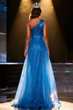 Sparkly Royal Blue Sequins Mermaid One Shoulder Long Pageant Dress with Sash