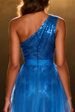 Sparkly Royal Blue Sequins Mermaid One Shoulder Long Pageant Dress with Sash