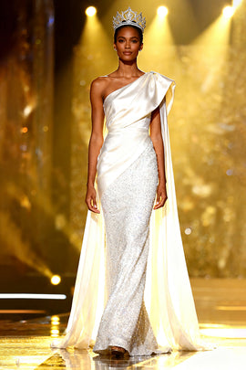Sparkly White Mermaid Sequins One Shoulder Long Pageant Dress with Side Cape