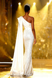Sparkly White Mermaid Sequins One Shoulder Long Pageant Dress with Side Cape