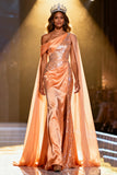 Sparkly Orange Mermaid Satin Sequins Ruched Long Pageant Dress with Cape