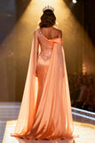 Sparkly Orange Mermaid Satin Sequins Ruched Long Pageant Dress with Cape