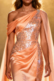 Sparkly Orange Mermaid Satin Sequins Ruched Long Pageant Dress with Cape