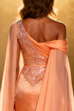 Sparkly Orange Mermaid Satin Sequins Ruched Long Pageant Dress with Cape